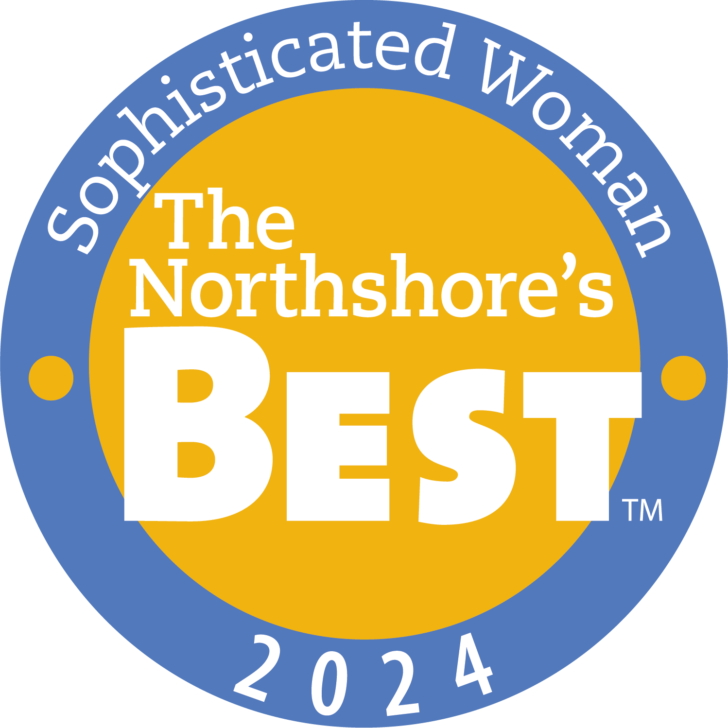 A logo with a large yellow circle and white text reading "The Northshore’s Best" over a blue background. Around the circle, white text in a ring reads "Sophisticated Woman 2024," perfect for an elegant Elementor Footer.