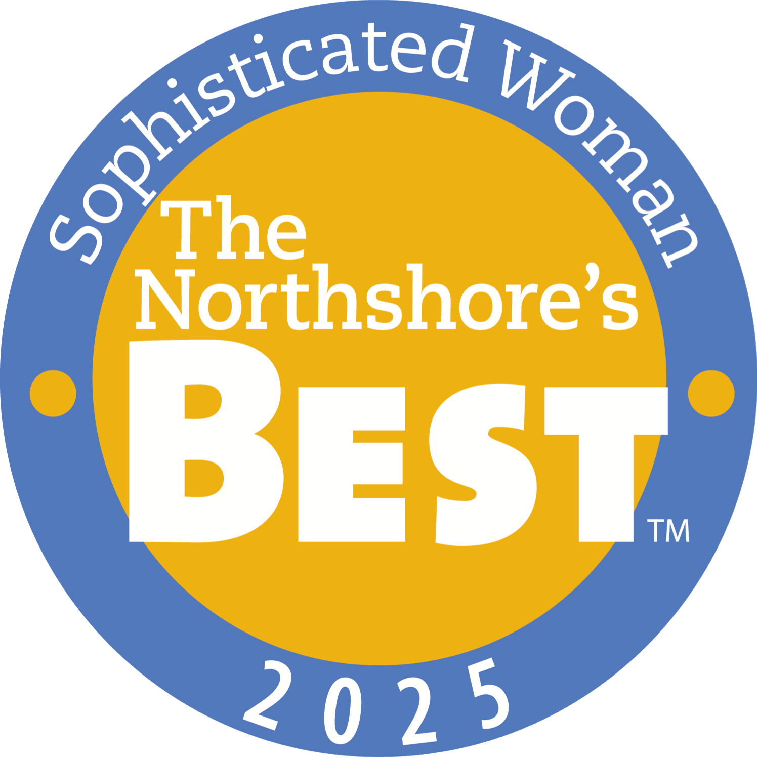 A circular badge with a blue border and yellow center reads “Sophisticated Woman The Northshore’s Best 2025” in white and yellow text—perfect for showcasing in your WordPress footer or adding flair to your Elementor site.