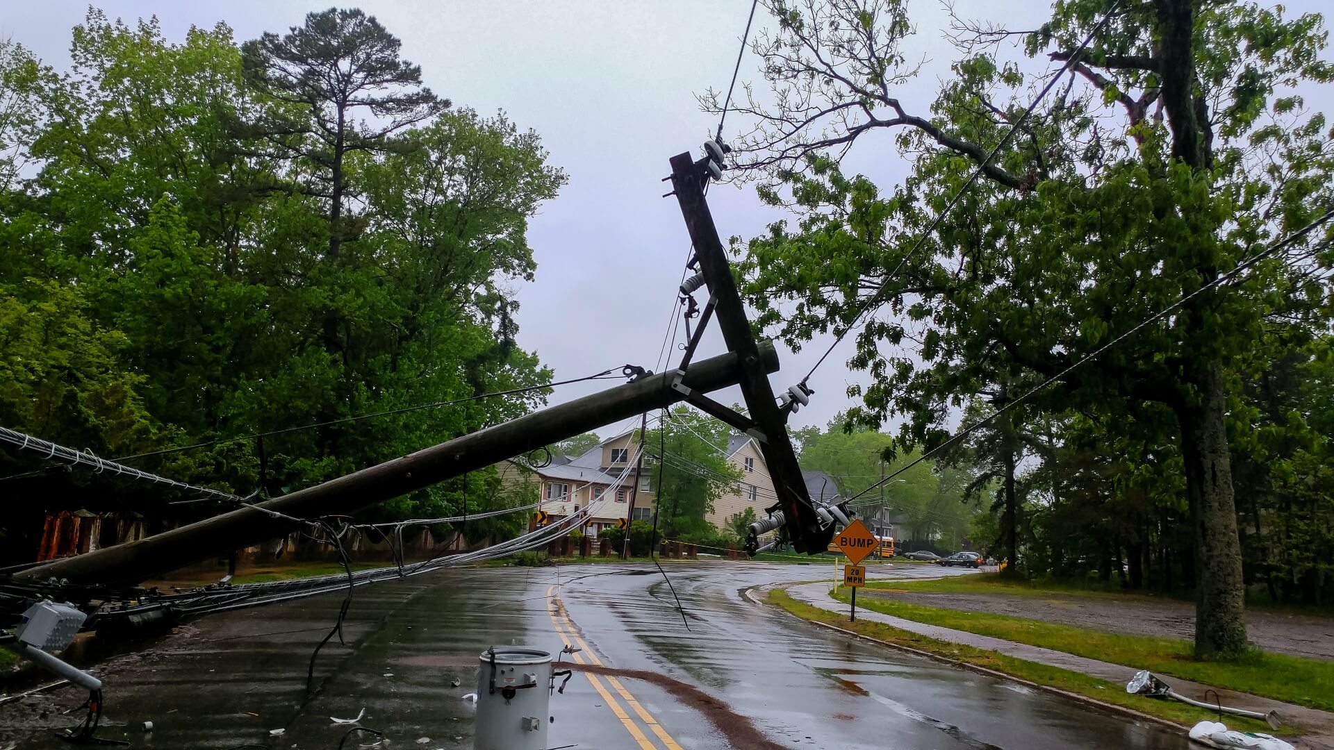 A fallen utility pole and power lines block a wet, empty street after a storm, with trees and houses in the background under a cloudy sky—prompting concerns about how to assess tree health after a storm.