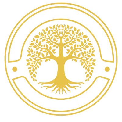 A stylized yellow outline of a fully trained tree with spreading branches and roots, enclosed in a circular border with two dots on either side, set against a transparent background.